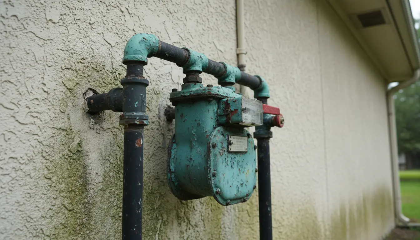 Weathered exterior residential gas meter set with black iron piping, regulator and shutoff valve