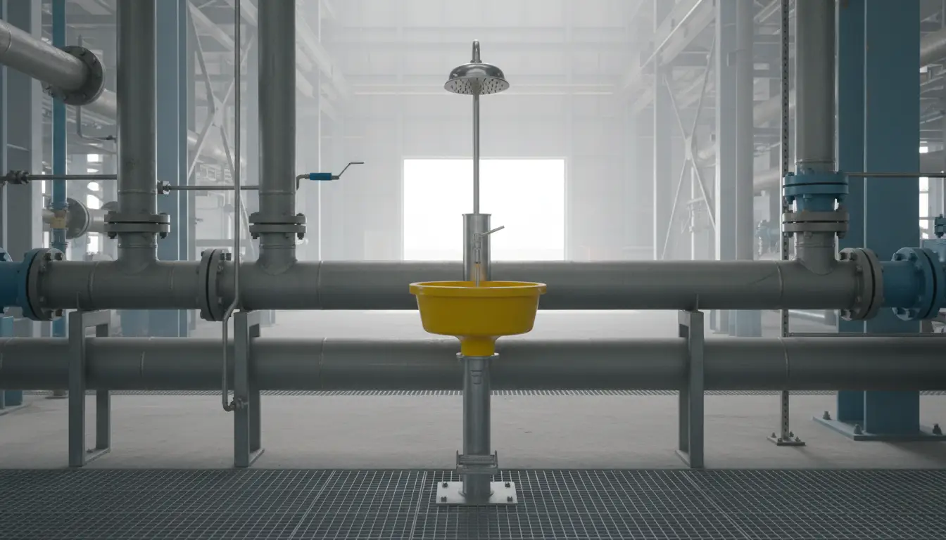 Plant eye wash and drench station beside process pipework
