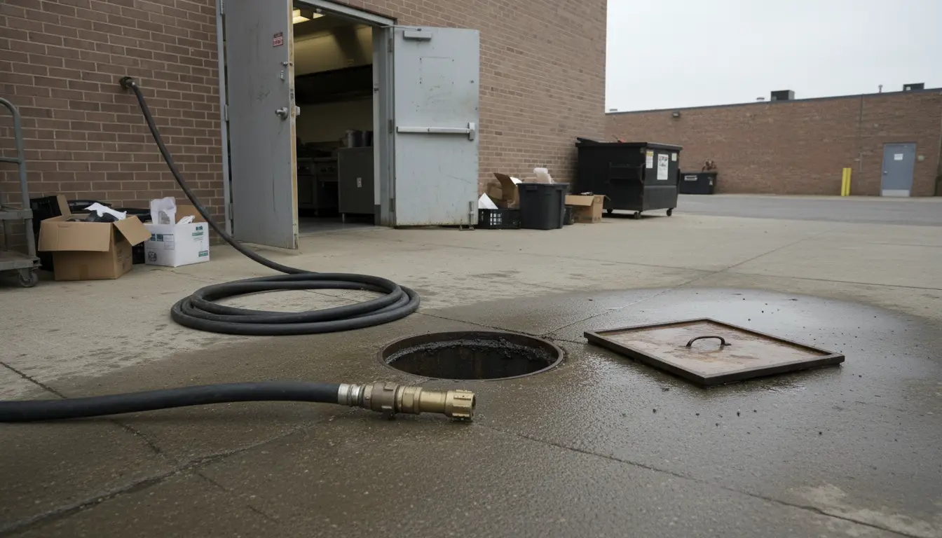 Commercial cleanout with jetting hose and brass nozzle at a kitchen loading area