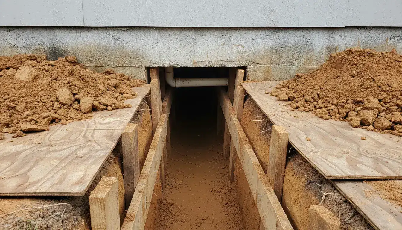 Shored hand-dug access tunnel at a slab edge exposing a drain run for repair