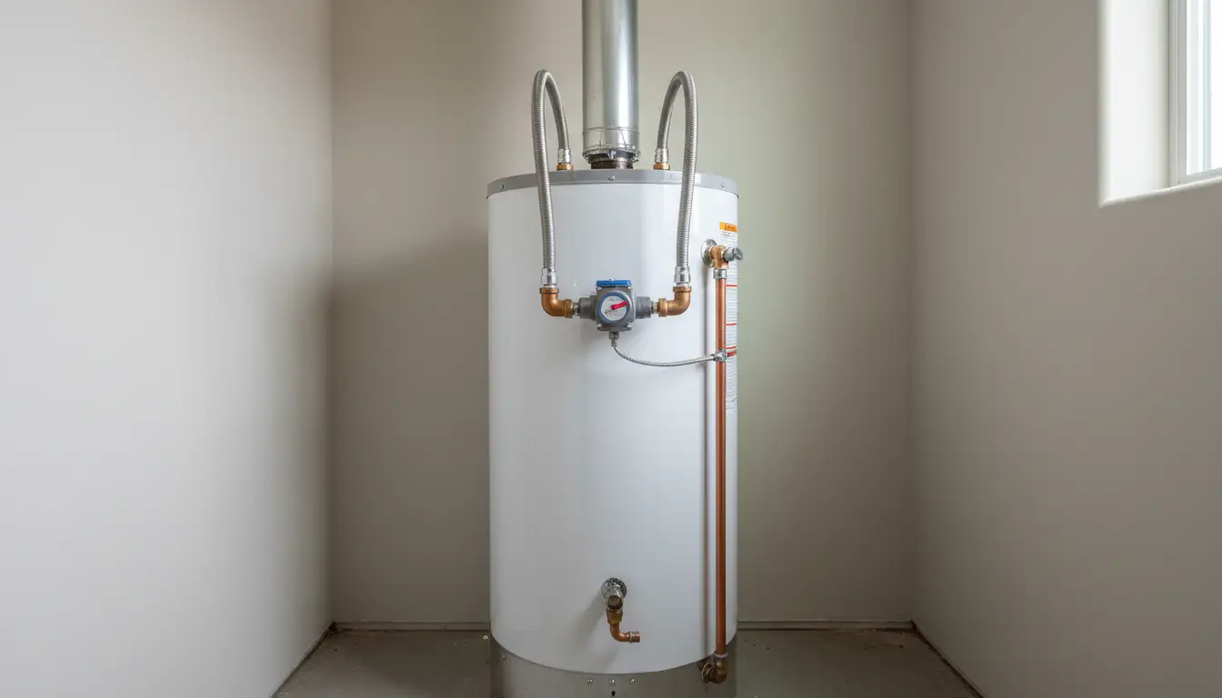 Gas water heater installation with flexible connectors, sediment trap and temperature and pressure relief line
